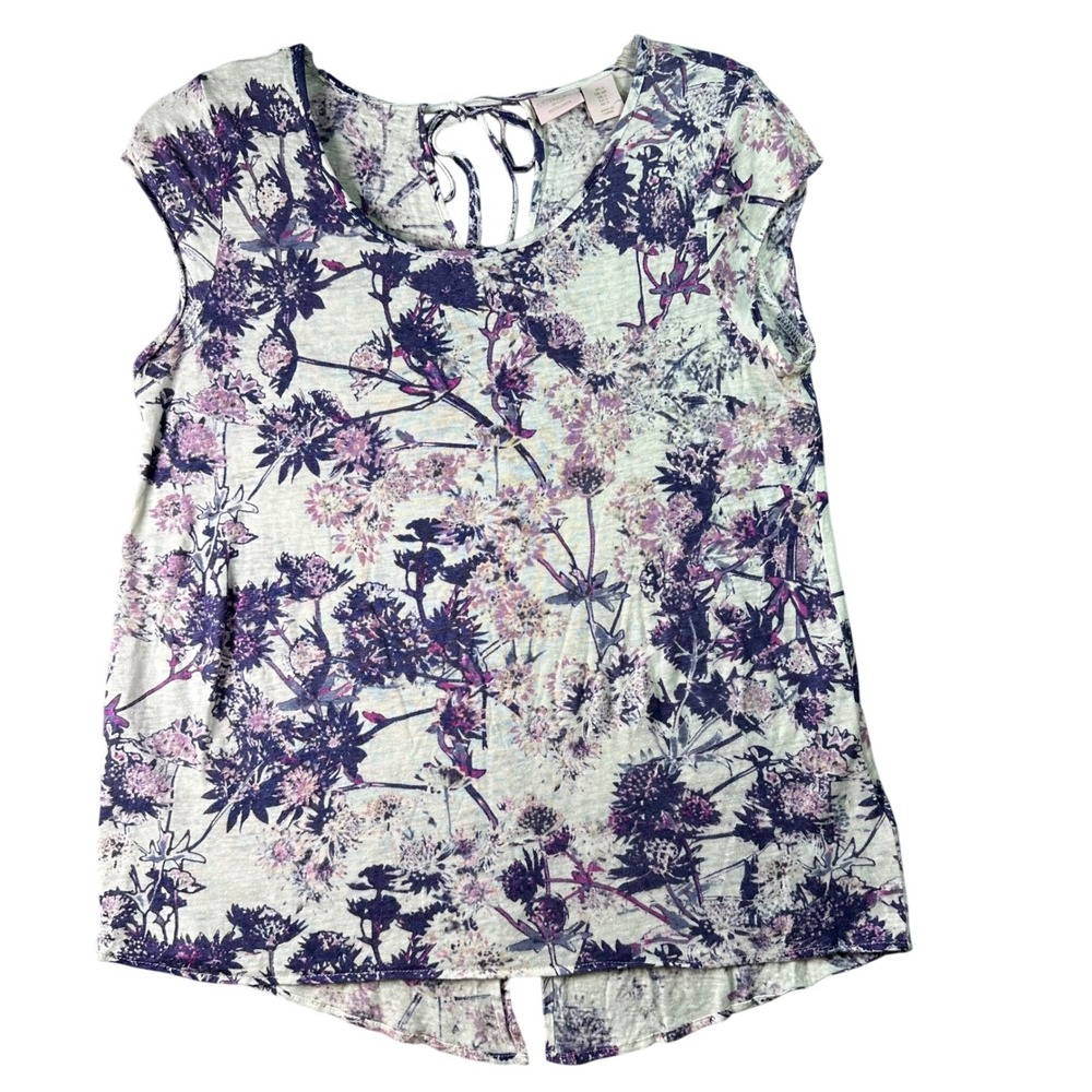 St. Tropez West 100% Linen Floral Thistle Blouse Keyhole Back Small Purple White